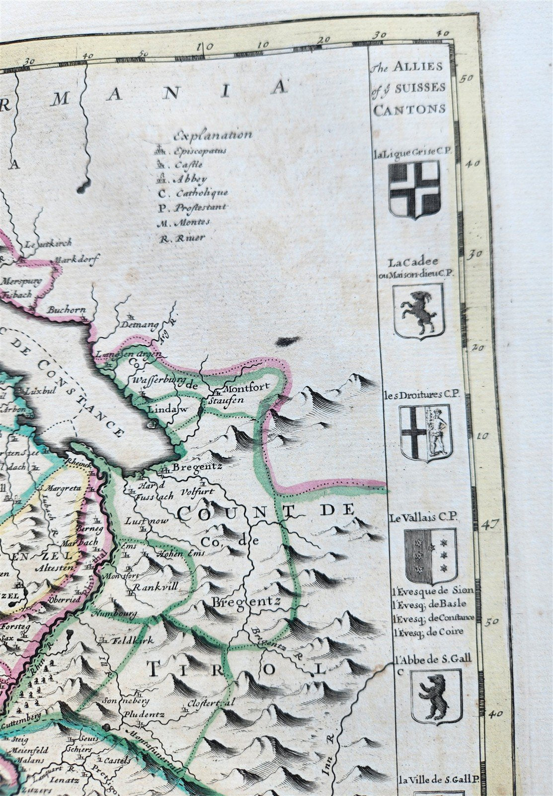 1720 MAP of SWITZERLAND & country of GRISONS w/CRESTS of CANTONS antique ENGLISH