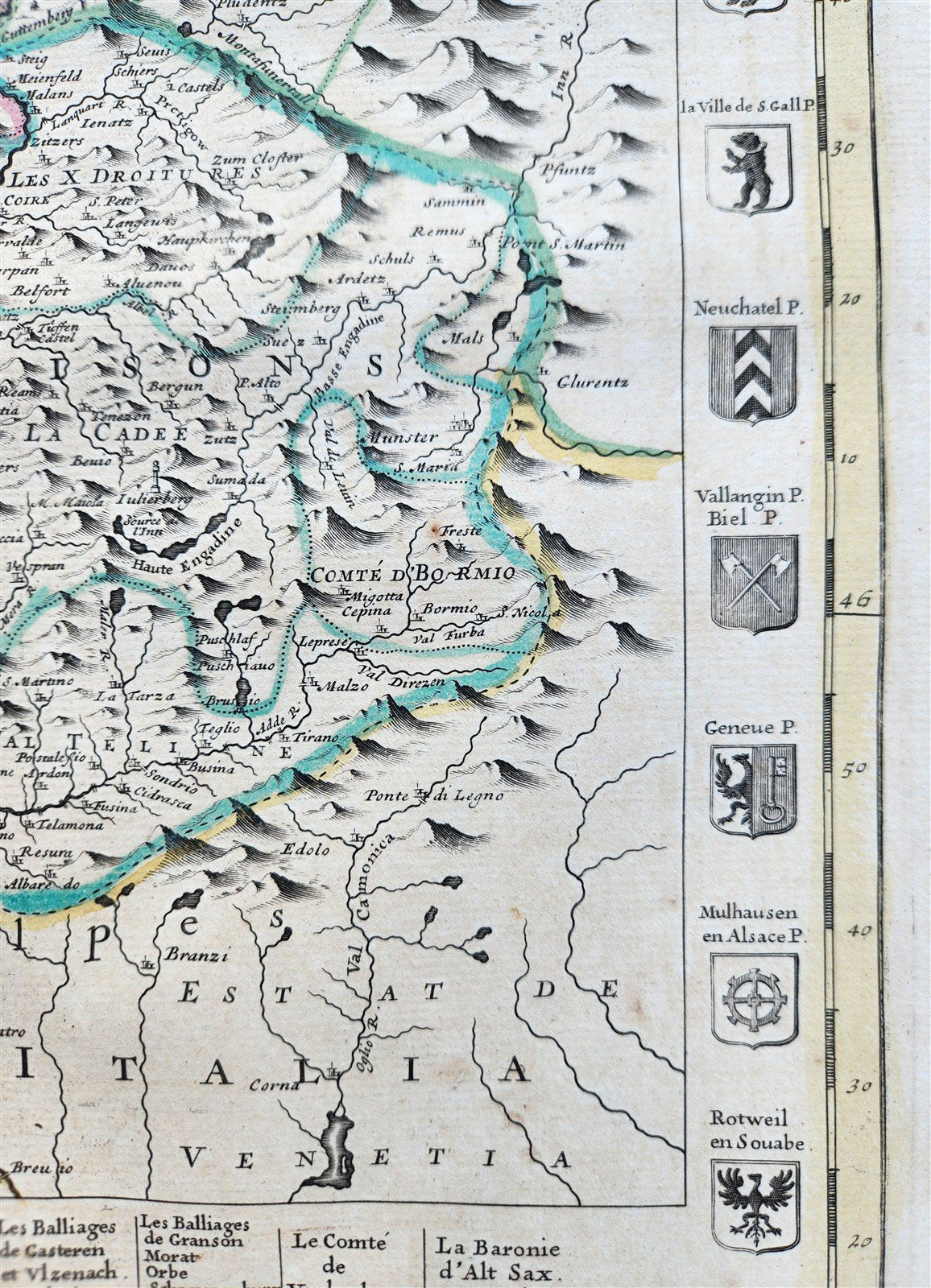 1720 MAP of SWITZERLAND & country of GRISONS w/CRESTS of CANTONS antique ENGLISH