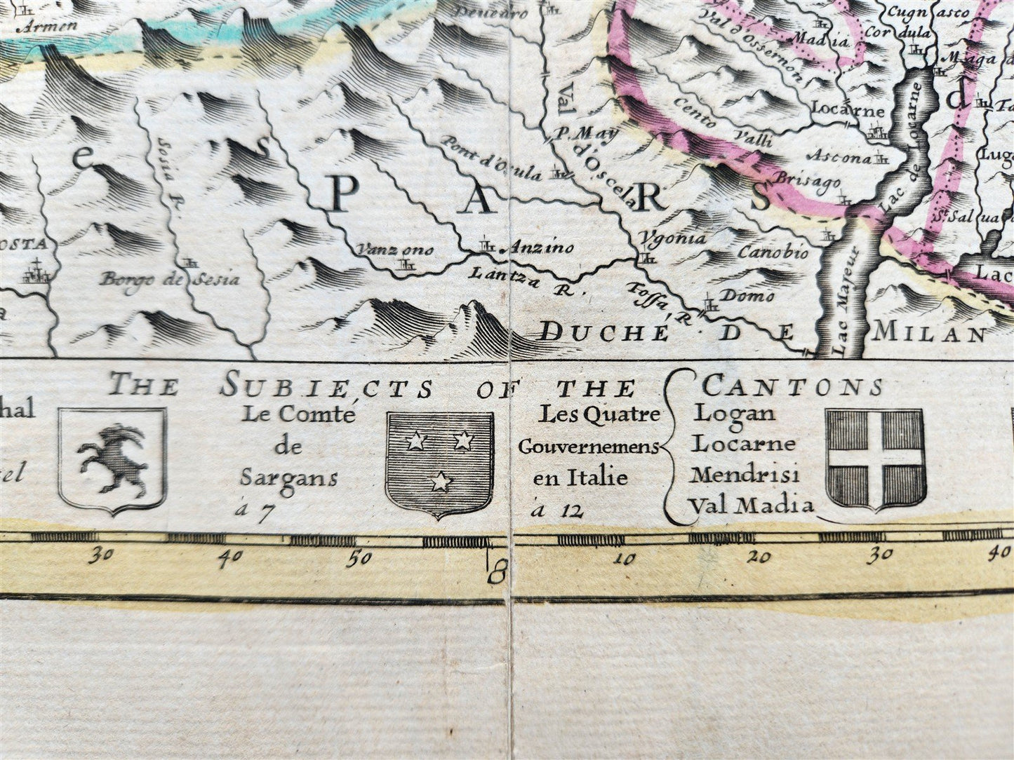 1720 MAP of SWITZERLAND & country of GRISONS w/CRESTS of CANTONS antique ENGLISH