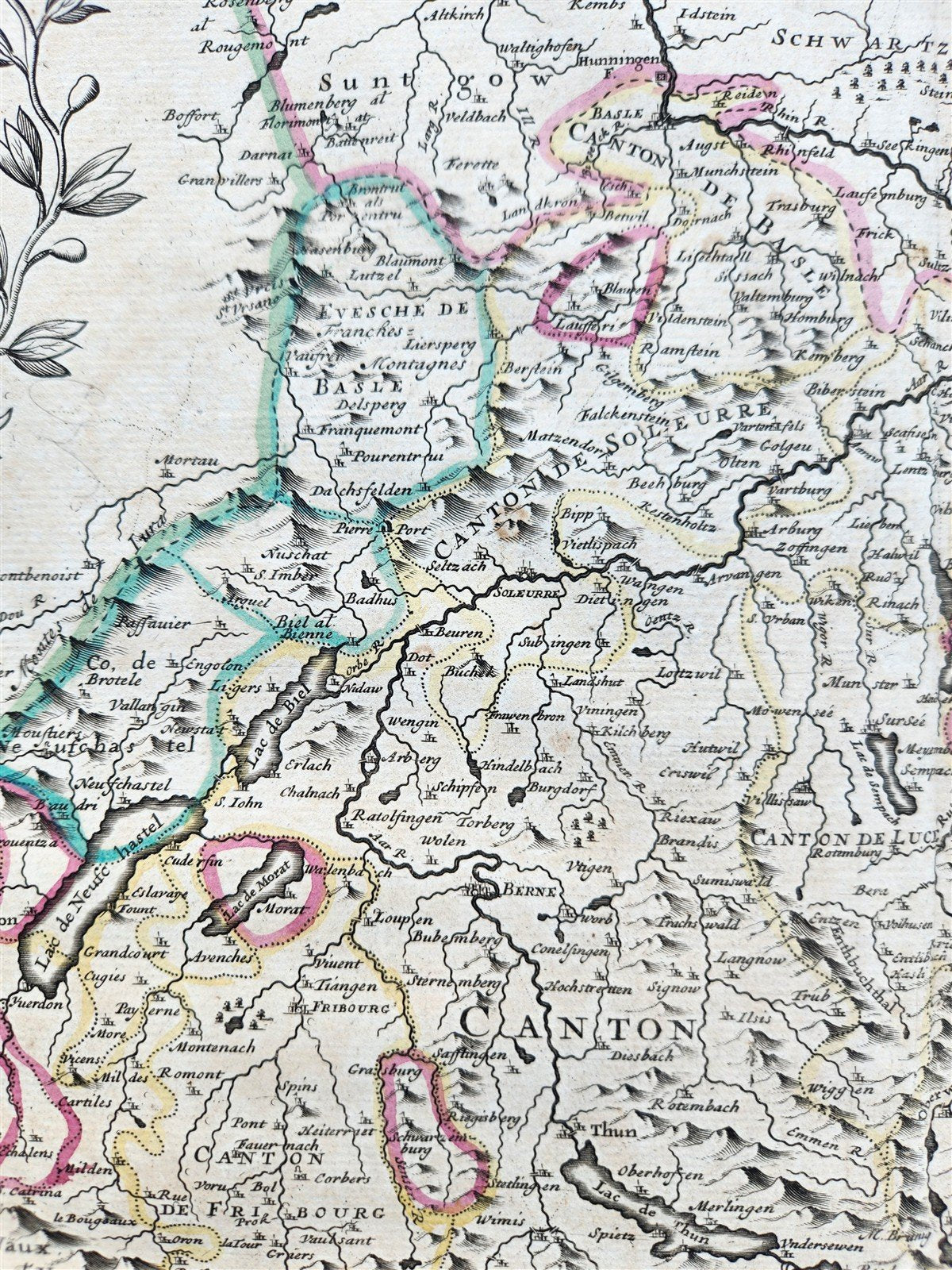 1720 MAP of SWITZERLAND & country of GRISONS w/CRESTS of CANTONS antique ENGLISH