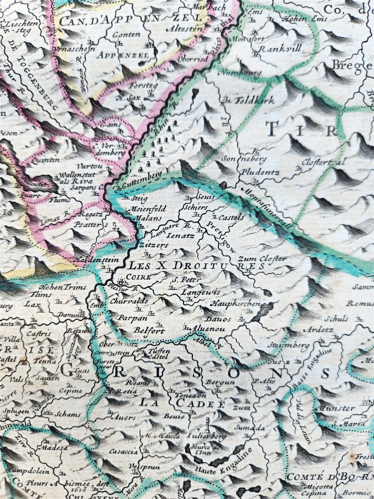 1720 MAP of SWITZERLAND & country of GRISONS w/CRESTS of CANTONS antique ENGLISH