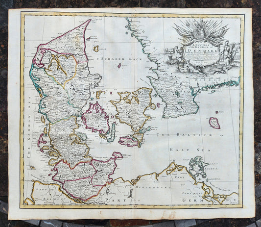 1719 NEW MAP of the KINGDOM of DENMARK by JOHN SENEX antique