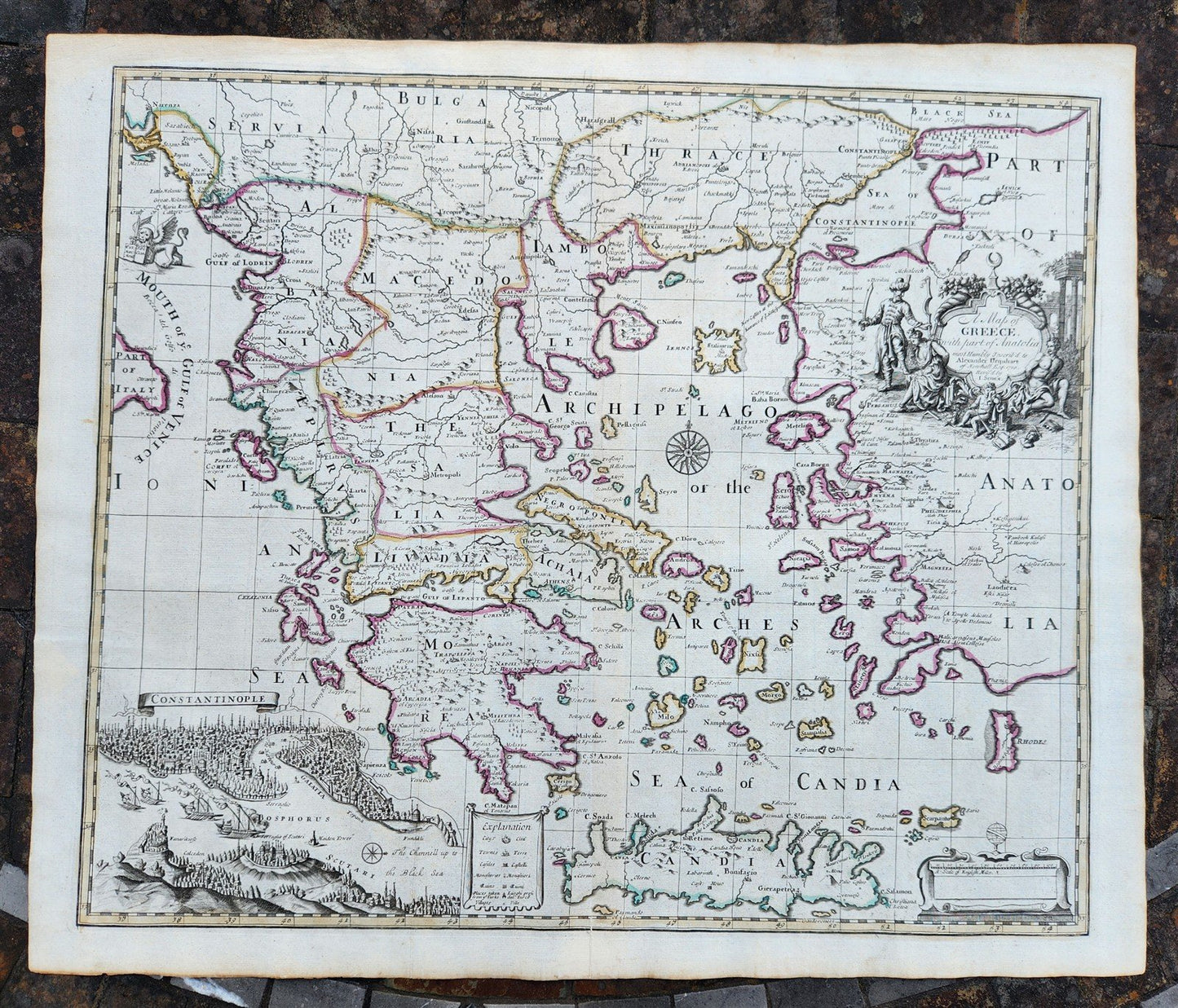 1720 A MAP of GREECE w/ ANATOLIA & VIEW of CONSTANTINOPLE TURKEY Senex antique
