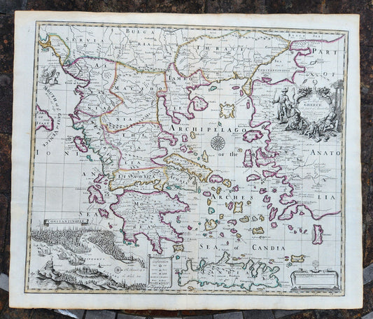 1720 A MAP of GREECE w/ ANATOLIA & VIEW of CONSTANTINOPLE TURKEY Senex antique
