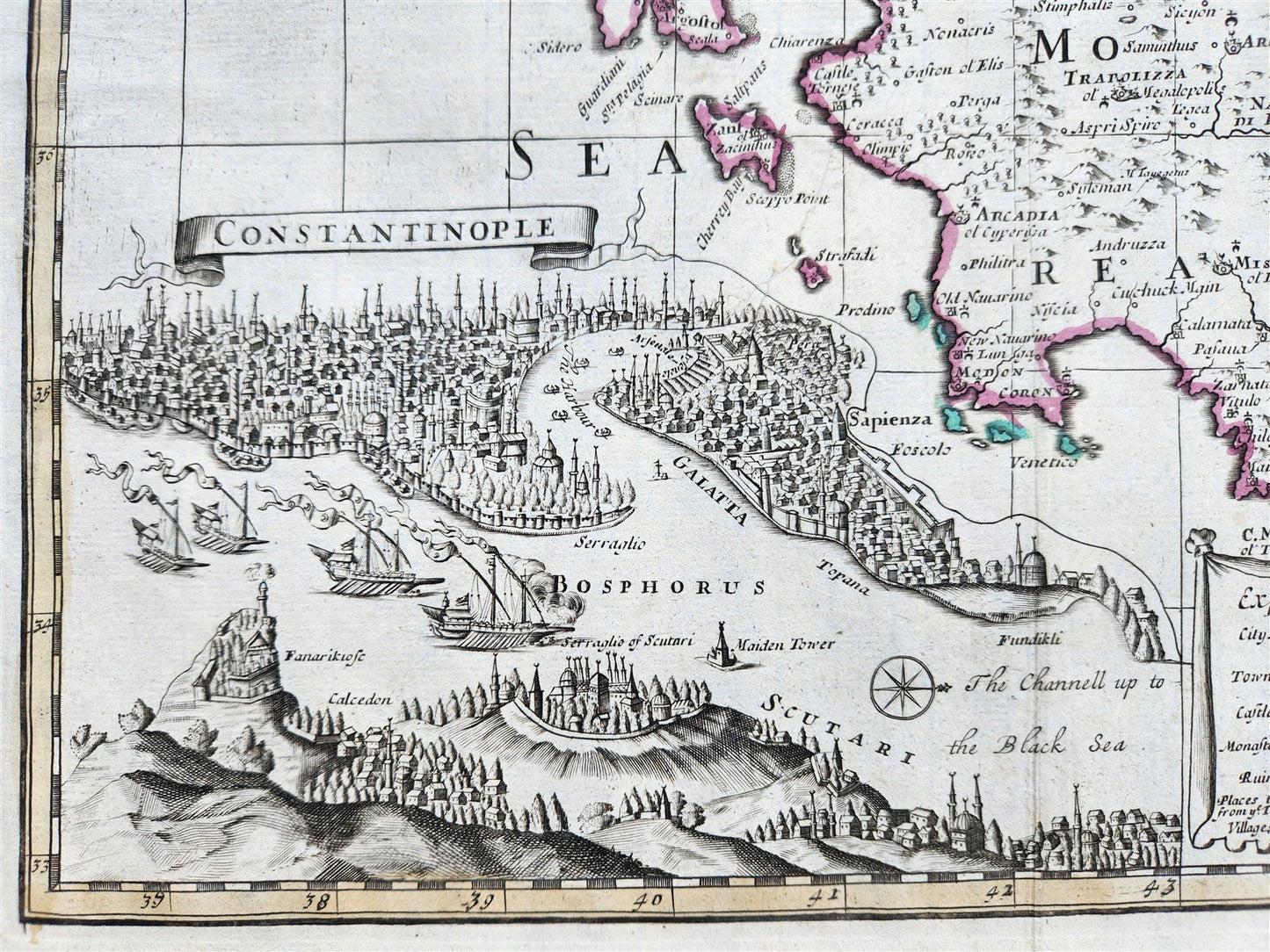 1720 A MAP of GREECE w/ ANATOLIA & VIEW of CONSTANTINOPLE TURKEY Senex antique