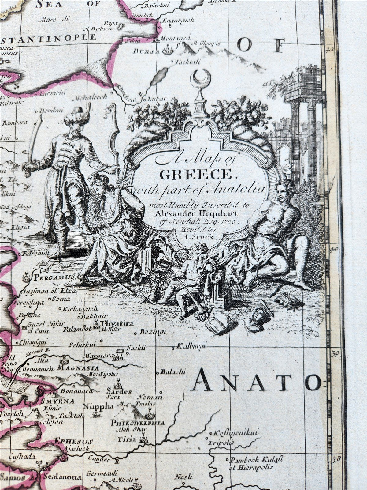 1720 A MAP of GREECE w/ ANATOLIA & VIEW of CONSTANTINOPLE TURKEY Senex antique