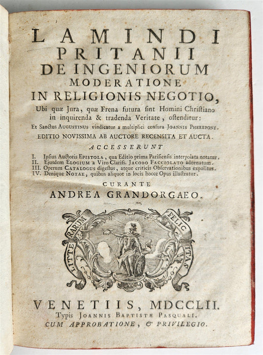 1752 LAMINDI PRITANII DE INGENIORUM MODERATIONE in RELIGIONIS NEGOTIO antique