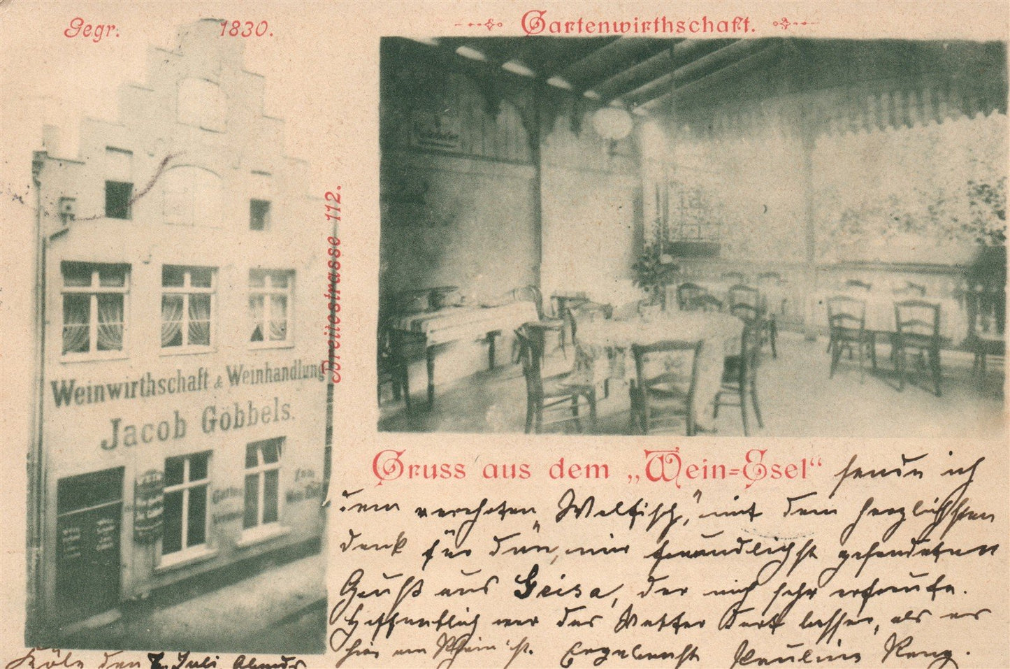COLOGNE GERMANY Weinwirthschaft & Weinhandung Jacob Gobbels ANTIQUE POSTCARD
