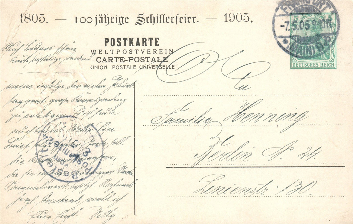 GERMANY FRIEDRICH von SCHILLER 1905 commemorative ANTIQUE POSTCARD