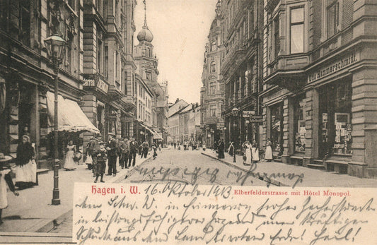 HAGEN i. W. GERMANY ELBERFELDERSTRASSE mit HOTEL MONOPOL ANTIQUE POSTCARD