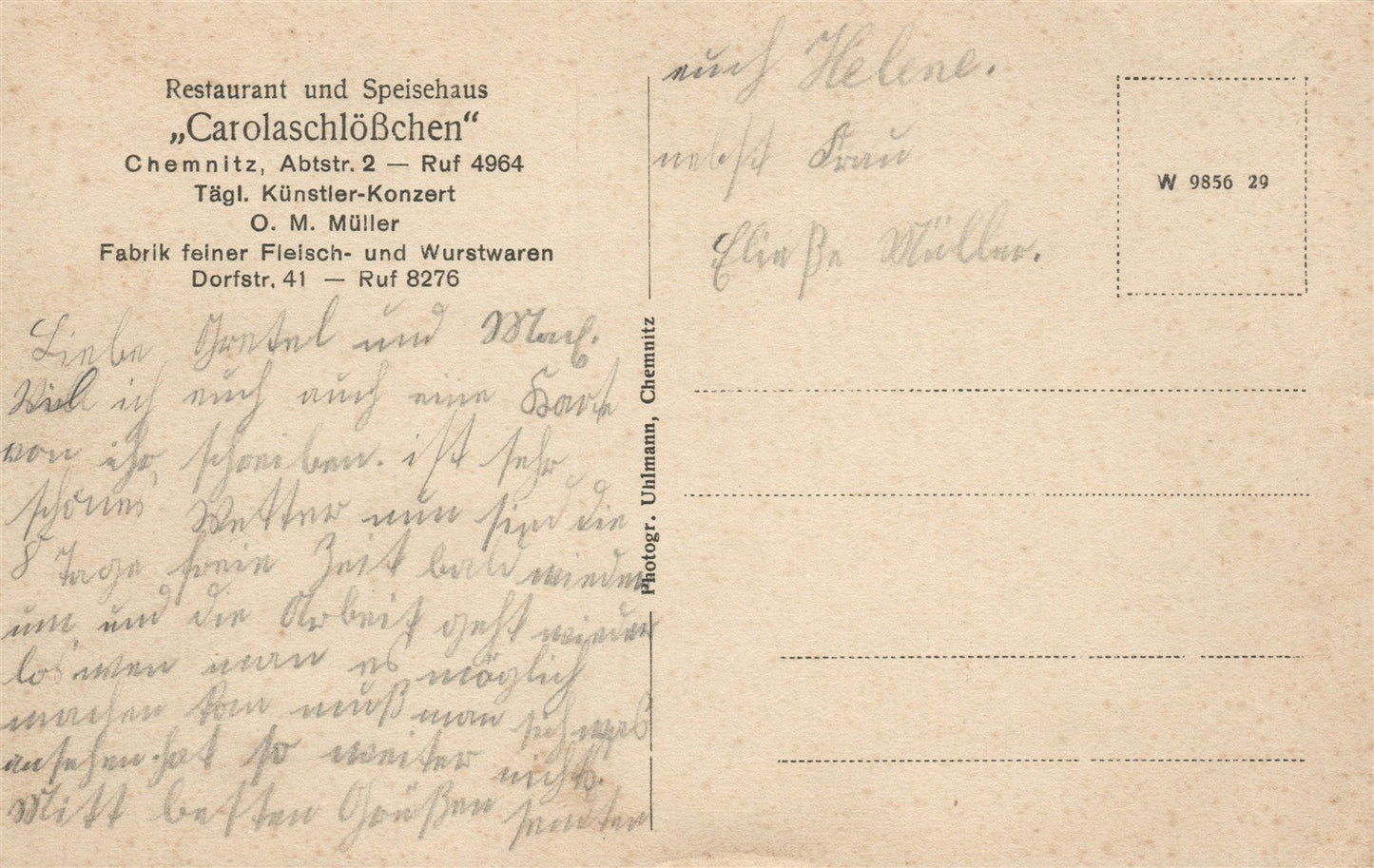 GERMANY RESTAURANT CAROLASCHLOSSCHEN ANTIQUE POSTCARD