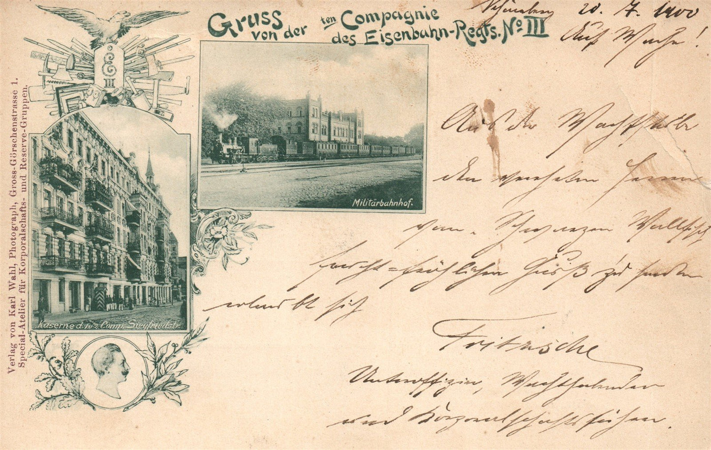 GERMANY COMPAGNIE des EISENBAHN-REGTS. military railway station ANTIQUE POSTCARD