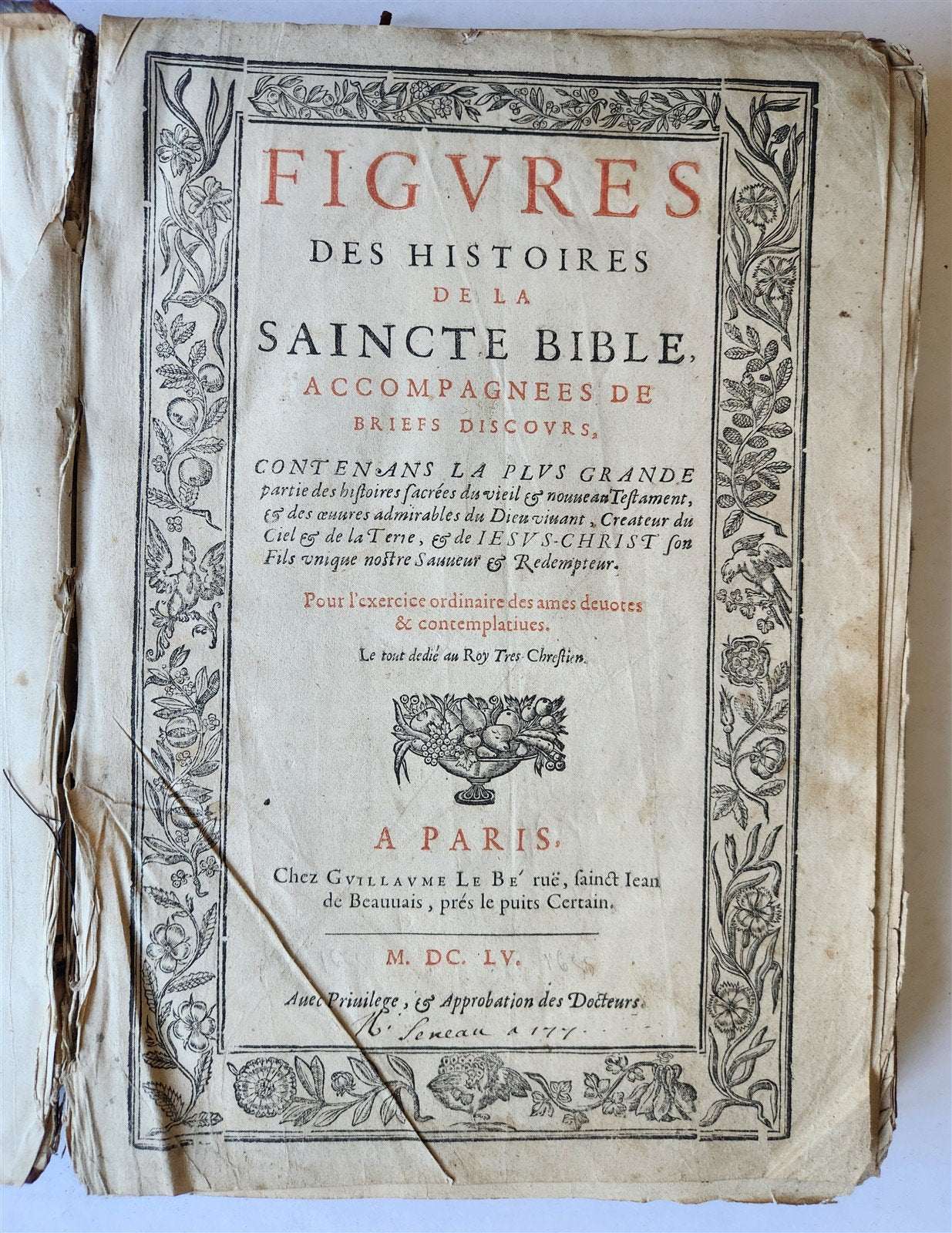 1655 BIBLE FIGURES antique ILLUSTRATED FOLIO Figures des Histoires de Bible