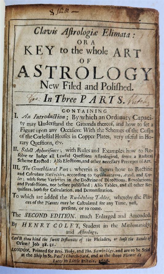 1676 KEY to WHOLE ART of ASTROLOGY in ENGLISH by Henry Coley ANTIQUE illustrated