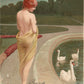 YOUNG LADY & SWANNS 1902 ANTIQUE POSTCARD