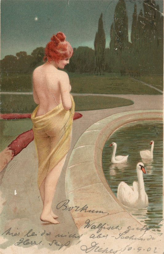 YOUNG LADY & SWANNS 1902 ANTIQUE POSTCARD