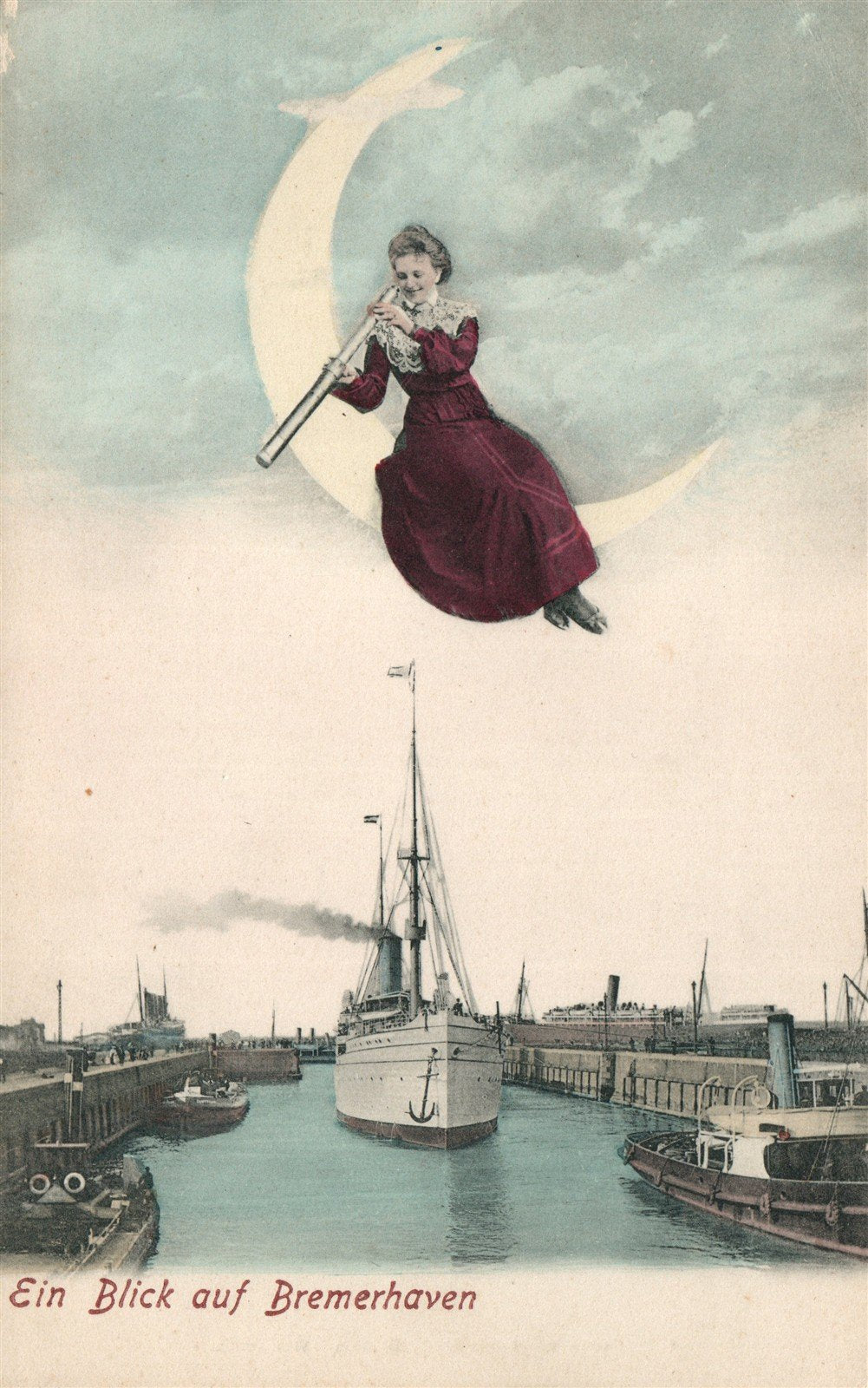 GERMANY BREMERHAVEN HALF MOON LADY w/ TELESCOPE ANTIQUE POSTCARD