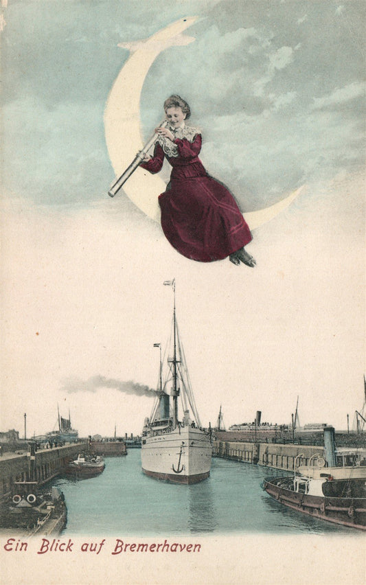 GERMANY BREMERHAVEN HALF MOON LADY w/ TELESCOPE ANTIQUE POSTCARD