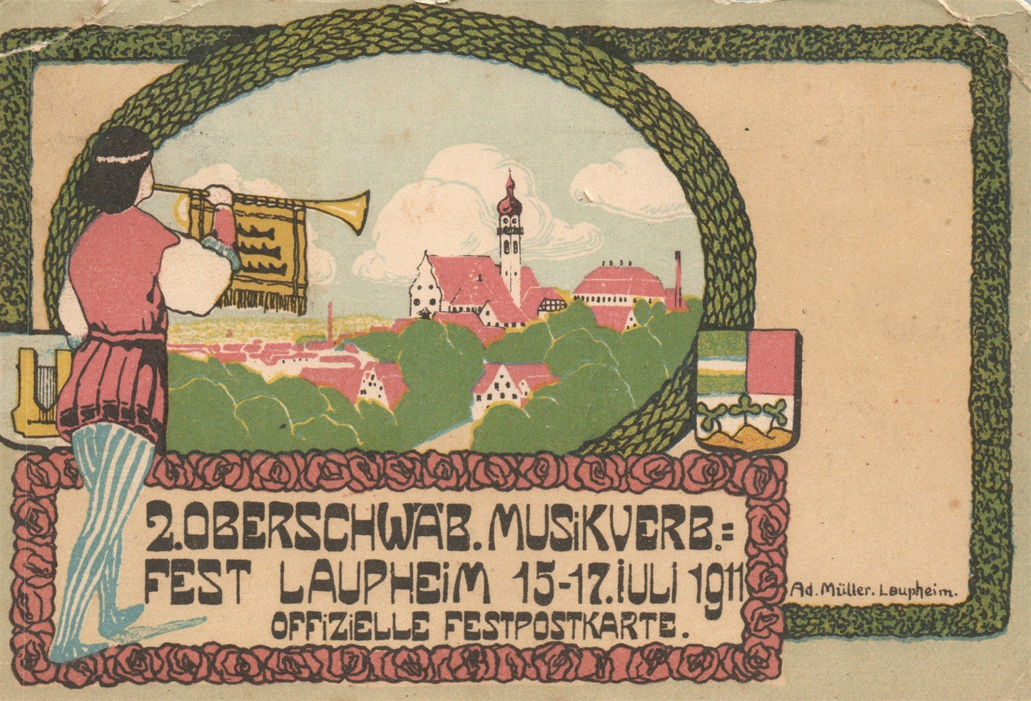 GERMANY OBERRSCHWAB. MUSIKVERB: FEST LAUPHEIM 1911 ANTIQUE POSTCARD