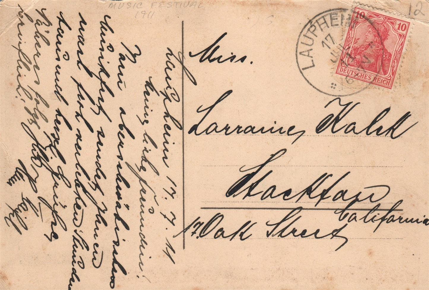 GERMANY OBERRSCHWAB. MUSIKVERB: FEST LAUPHEIM 1911 ANTIQUE POSTCARD