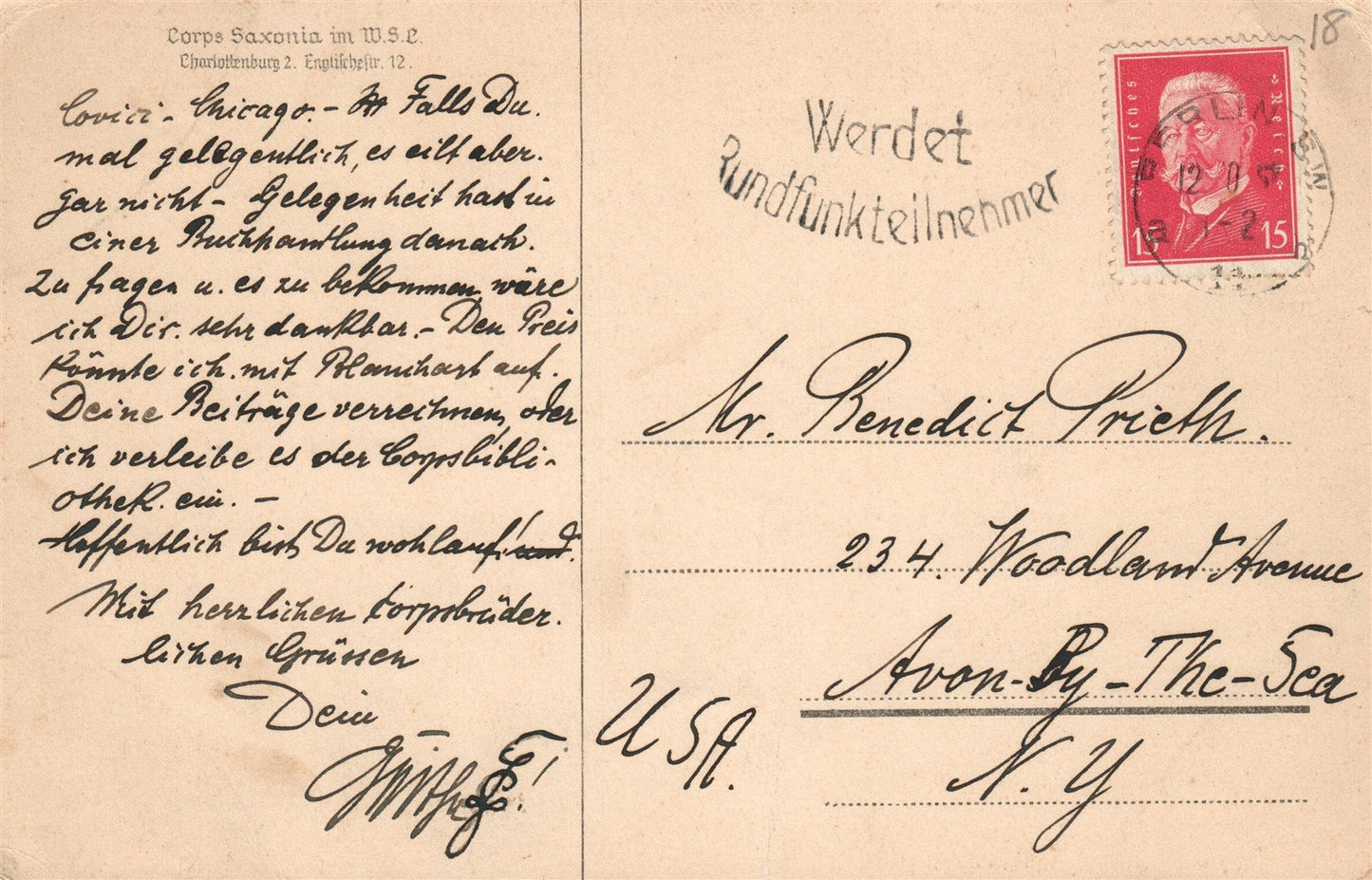 GERMAN STUDENT FRATERNITY CORPS SAXONIA BERLIN ANTIQUE POSTCARD