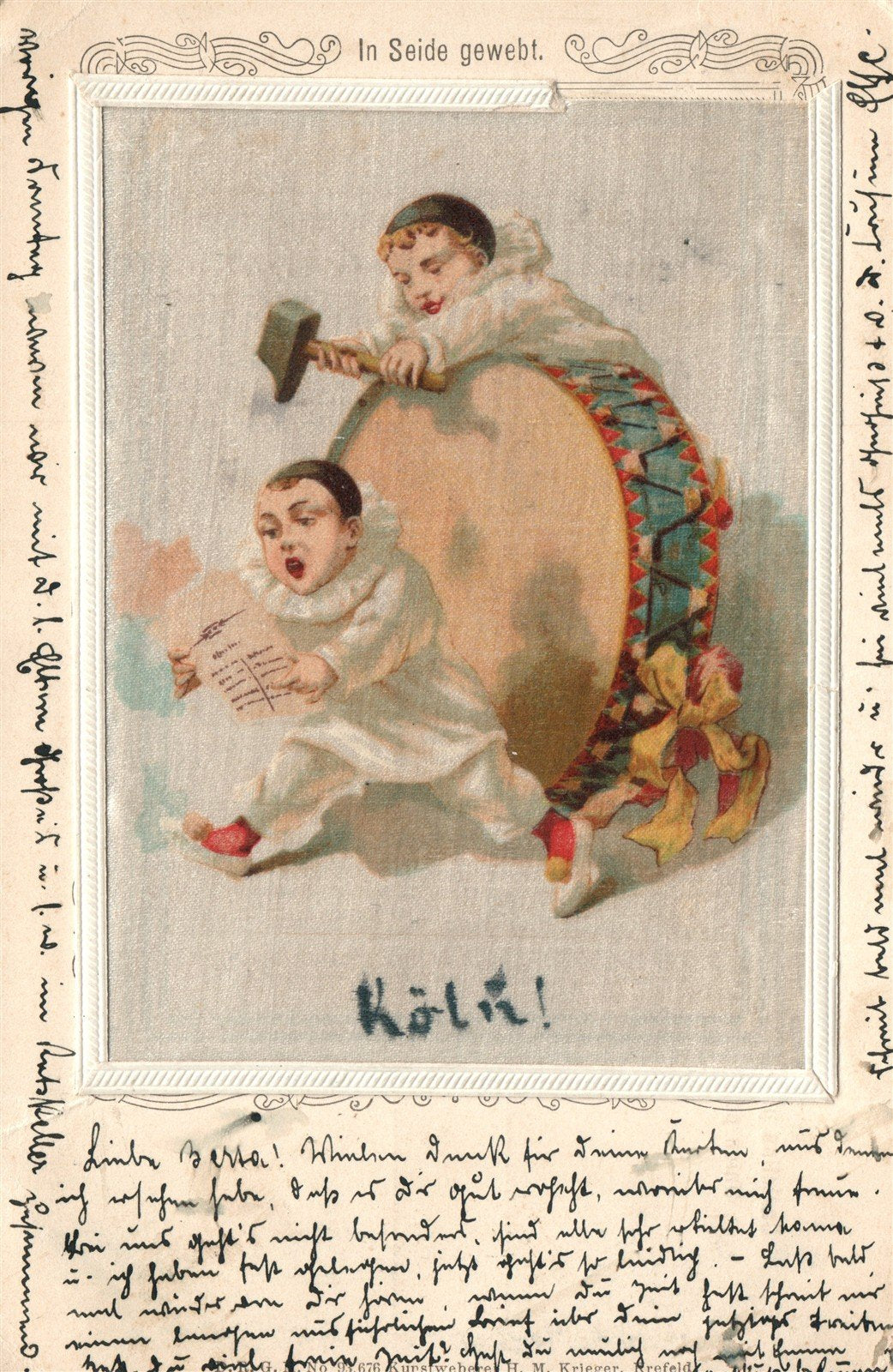 GERMANY clowns on SILK ANTIQUE POSTCARD