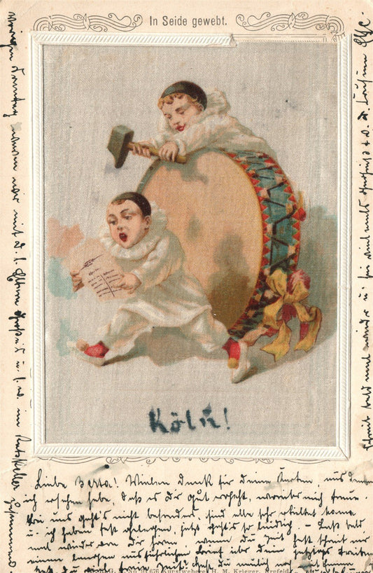 GERMANY clowns on SILK ANTIQUE POSTCARD
