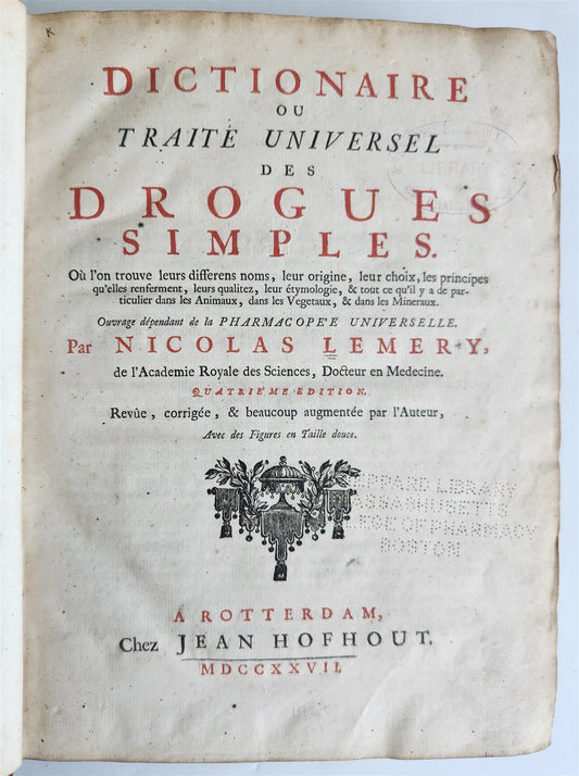 1727 PHARMACOPEIA ILLUSTRATED Dictionary or Treatise on Simple Drugs antique