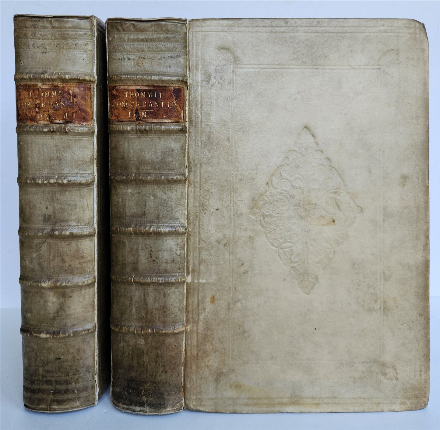 1718 GREEK BIBLE CONCORDANCE 2 volumes BLIND TOOLED VELLUM BINDING antique