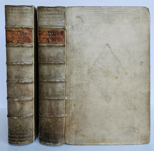 1718 GREEK BIBLE CONCORDANCE 2 volumes BLIND TOOLED VELLUM BINDING antique
