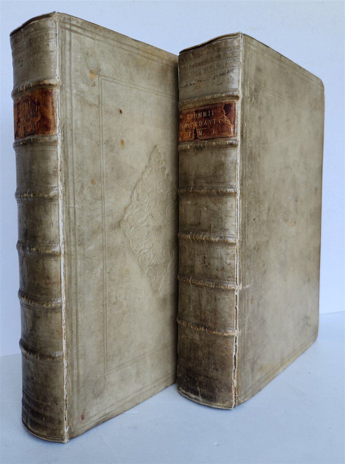 1718 GREEK BIBLE CONCORDANCE 2 volumes BLIND TOOLED VELLUM BINDING antique