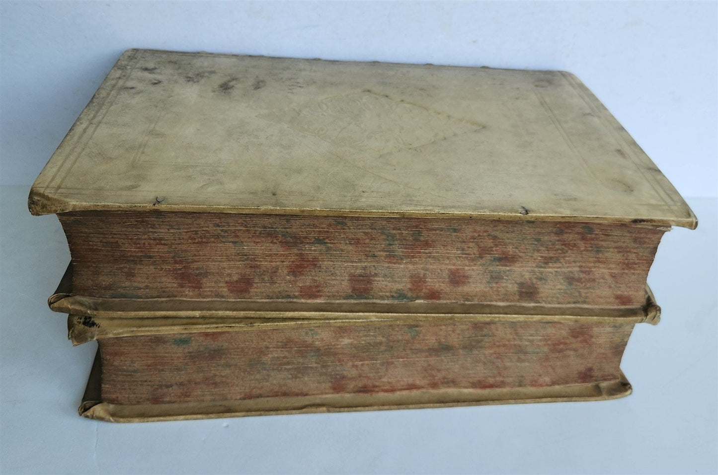 1718 GREEK BIBLE CONCORDANCE 2 volumes BLIND TOOLED VELLUM BINDING antique