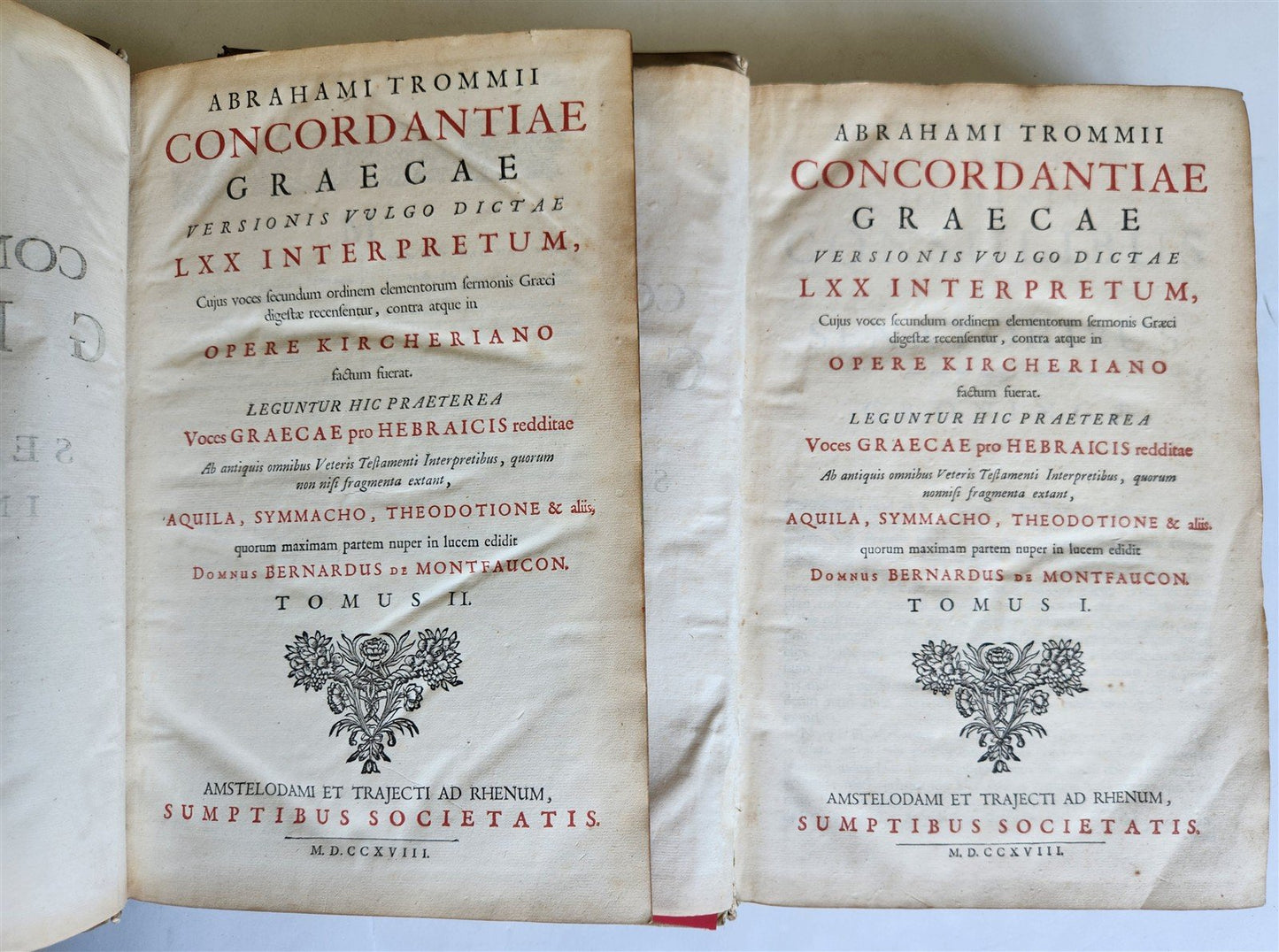1718 GREEK BIBLE CONCORDANCE 2 volumes BLIND TOOLED VELLUM BINDING antique
