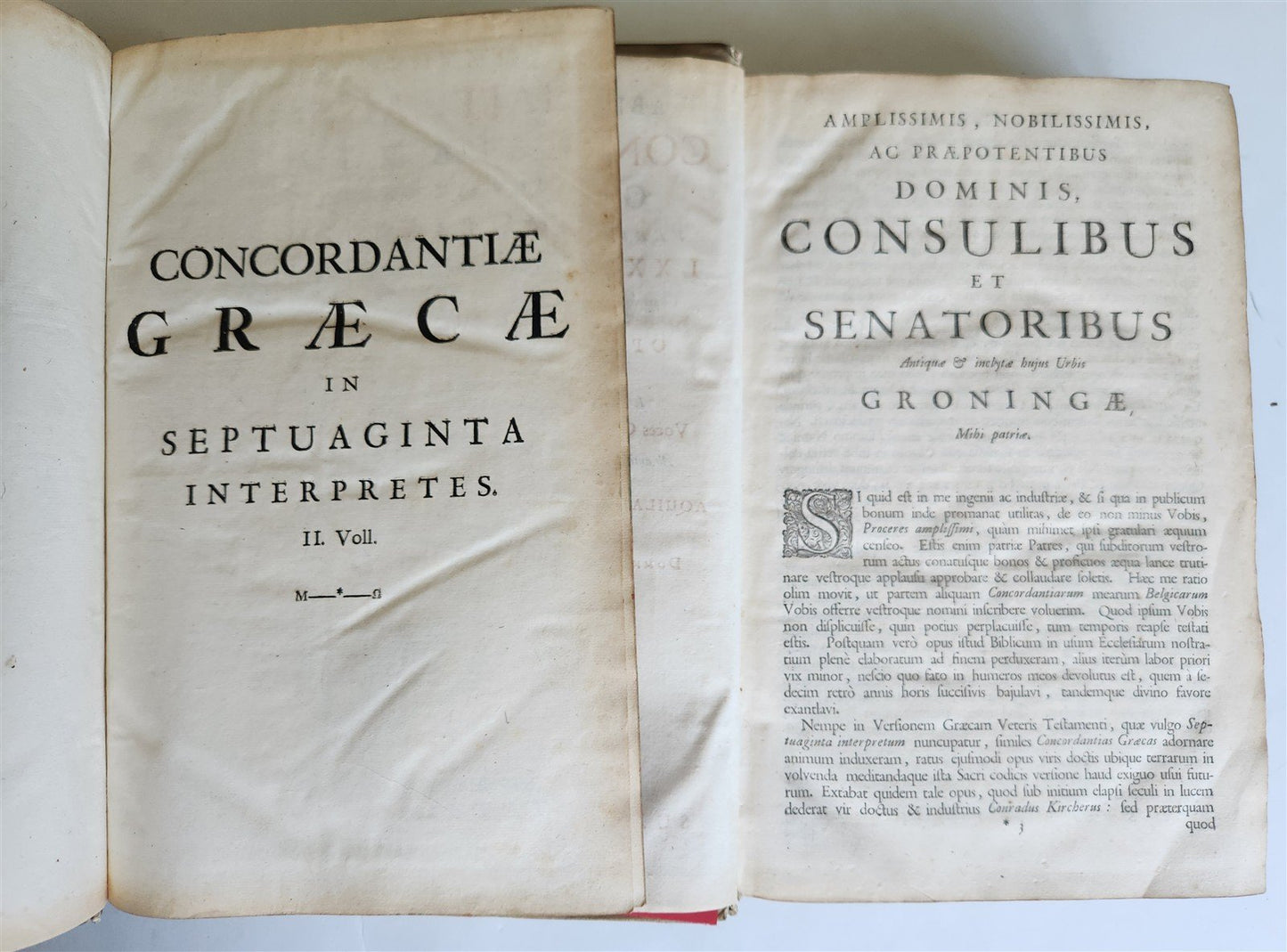 1718 GREEK BIBLE CONCORDANCE 2 volumes BLIND TOOLED VELLUM BINDING antique