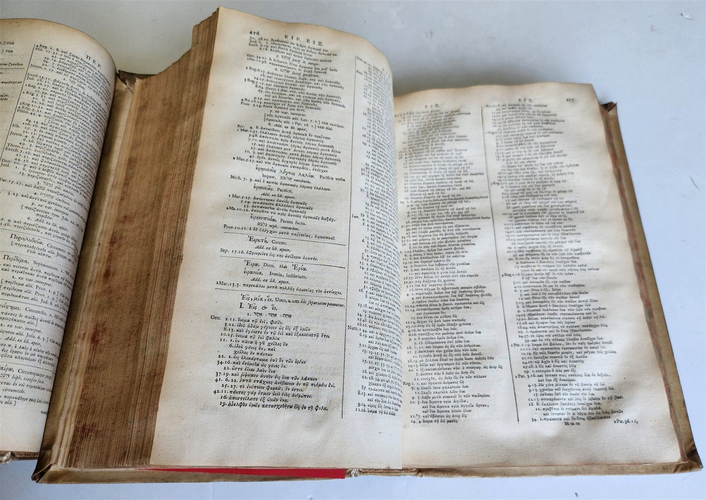 1718 GREEK BIBLE CONCORDANCE 2 volumes BLIND TOOLED VELLUM BINDING antique