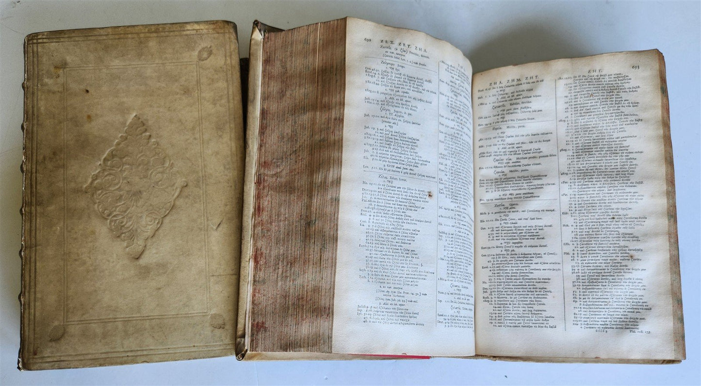 1718 GREEK BIBLE CONCORDANCE 2 volumes BLIND TOOLED VELLUM BINDING antique