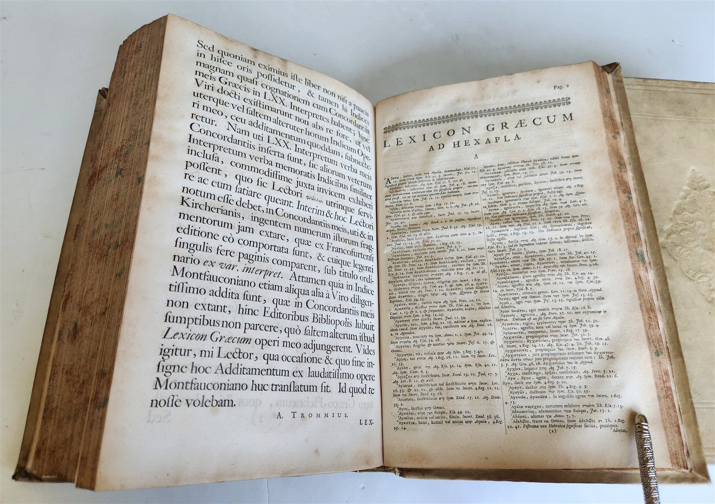 1718 GREEK BIBLE CONCORDANCE 2 volumes BLIND TOOLED VELLUM BINDING antique