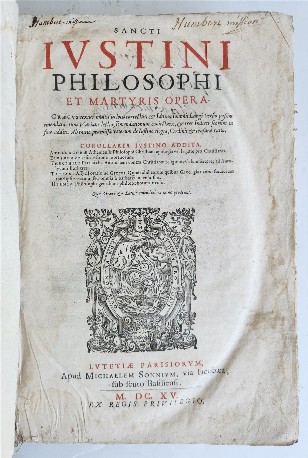1615 Sancti IUSTIANI PHILOSOPHI et MARTYRIS OPERA antique FOLIO in GREEK & LATIN