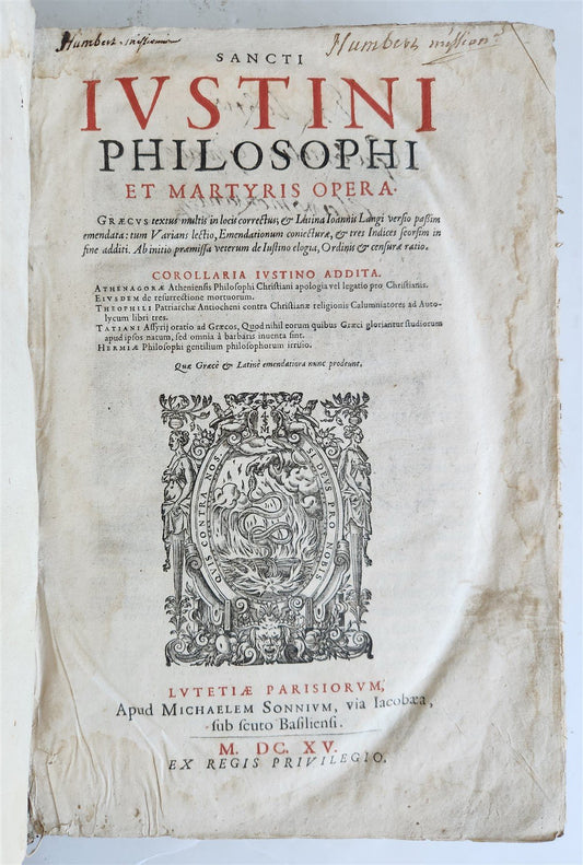 1615 Sancti IUSTIANI PHILOSOPHI et MARTYRIS OPERA antique FOLIO in GREEK & LATIN