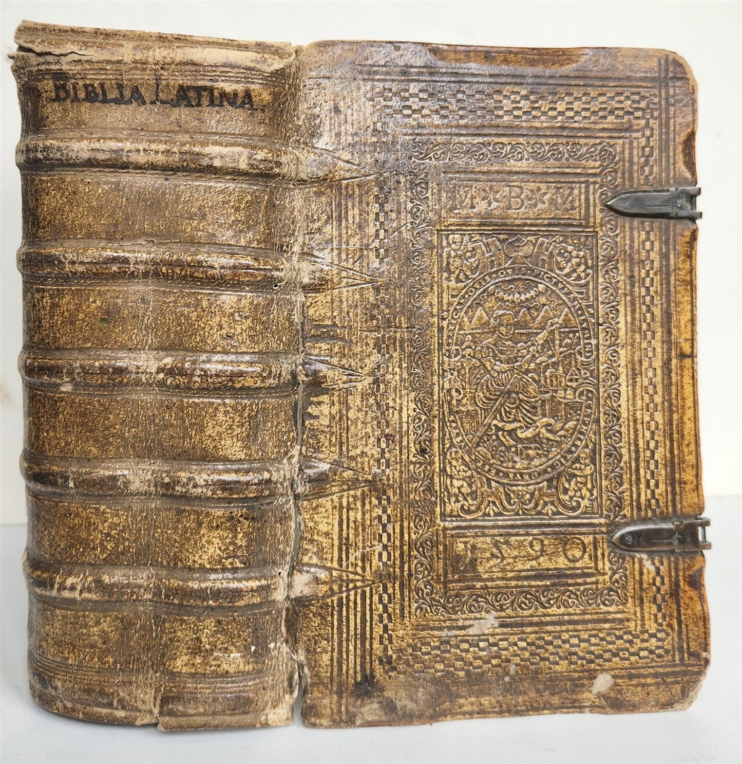 1585 BIBLE ILLUSTRATED antique ORIGINAL PIGSKIN BINDING LATIN BIBLIA SACRA 16 c.
