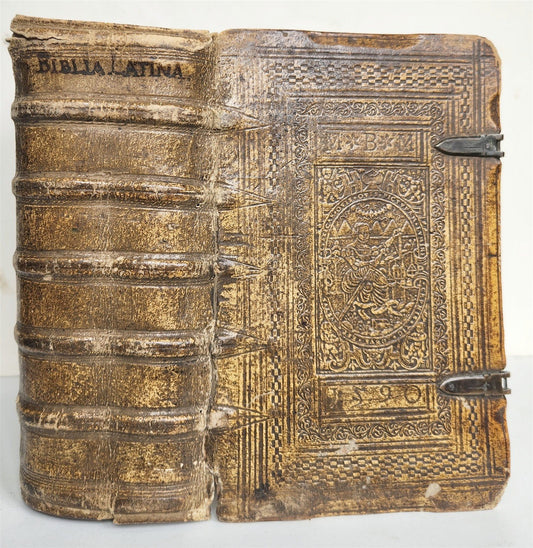 1585 BIBLE ILLUSTRATED antique ORIGINAL PIGSKIN BINDING LATIN BIBLIA SACRA 16 c.