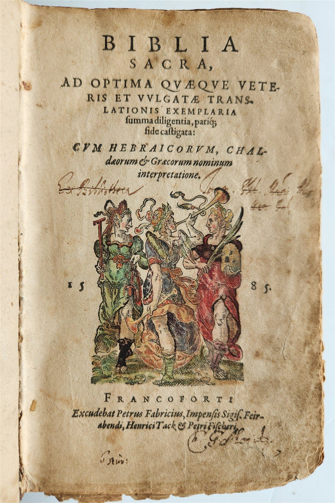 1585 BIBLE ILLUSTRATED antique ORIGINAL PIGSKIN BINDING LATIN BIBLIA SACRA 16 c.