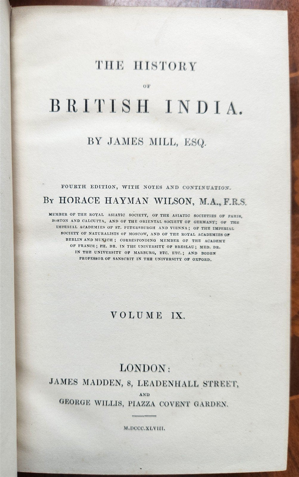 1848 HISTORY of BRITISH INDIA by JAMES MILL 9 VOLUMES ILLUSTRATED w/ MAP antique
