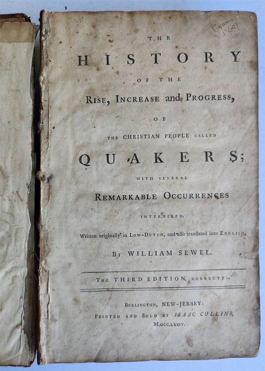 1774 HISTORY of RISE INCREASE & PROGRESS of QUAKERS antique FOLIO Americana