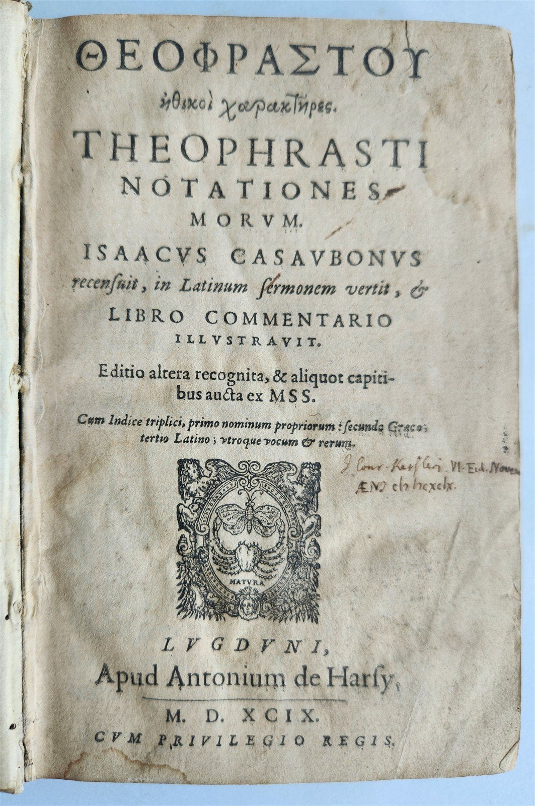 1599 THEOPHRASTUS Notationes Morum ANTIQUE 16th CENTURY