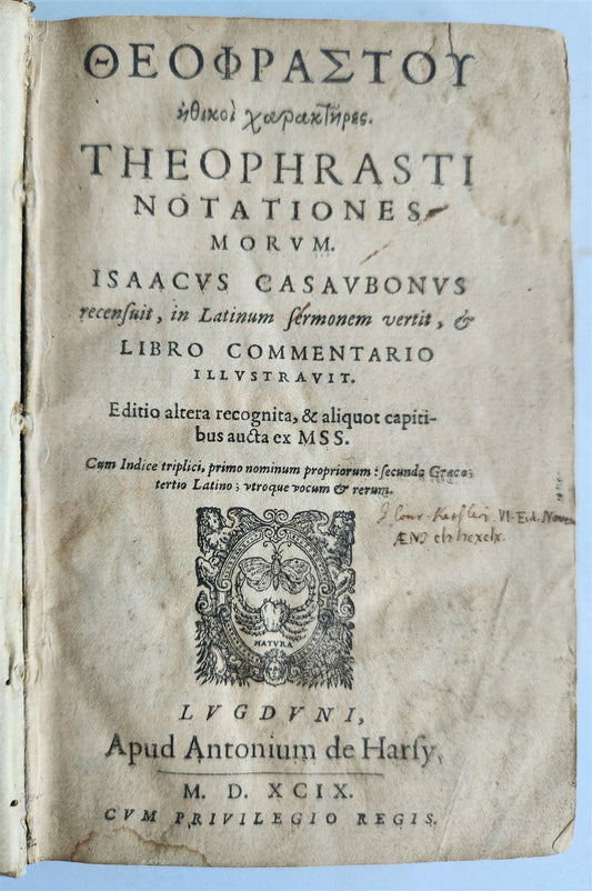 1599 THEOPHRASTUS Notationes Morum ANTIQUE 16th CENTURY