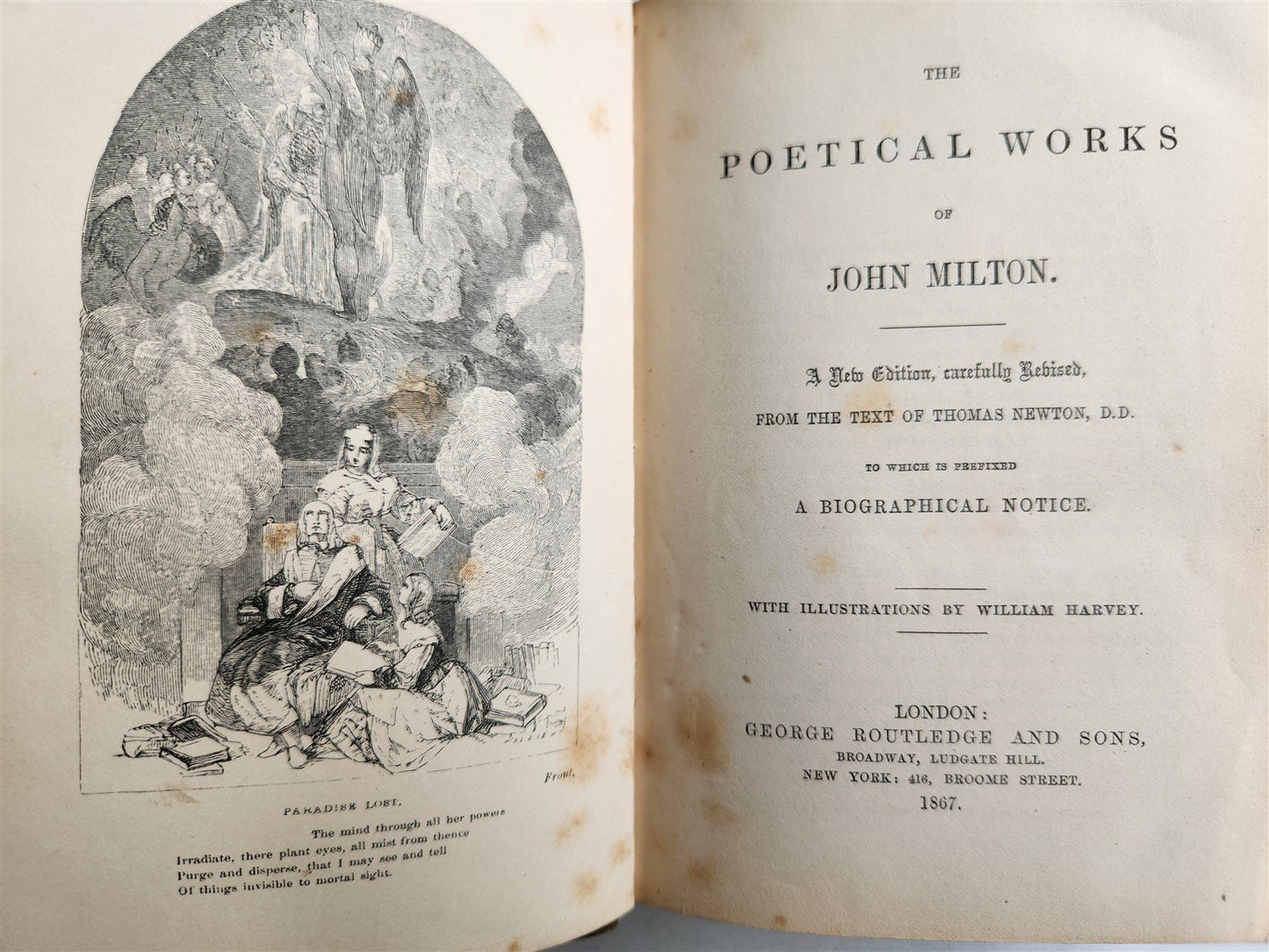 1867 THE POETICAL WORKD of JOHN MILTON ANTIQUE illustrated by WILLIAM HARVEY