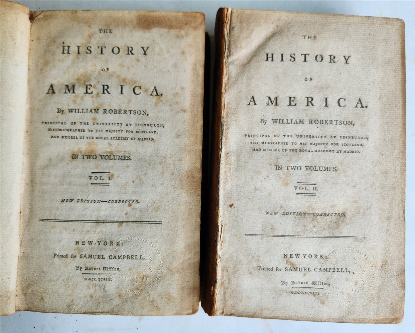 1798 HISTORY of AMERICA by William ROBERTSON 2 VOLUMES antique