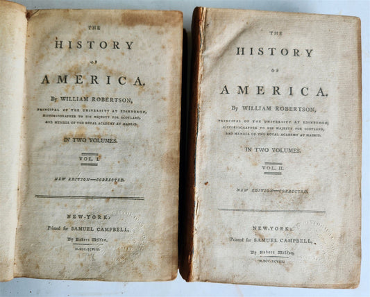 1798 HISTORY of AMERICA by William ROBERTSON 2 VOLUMES antique