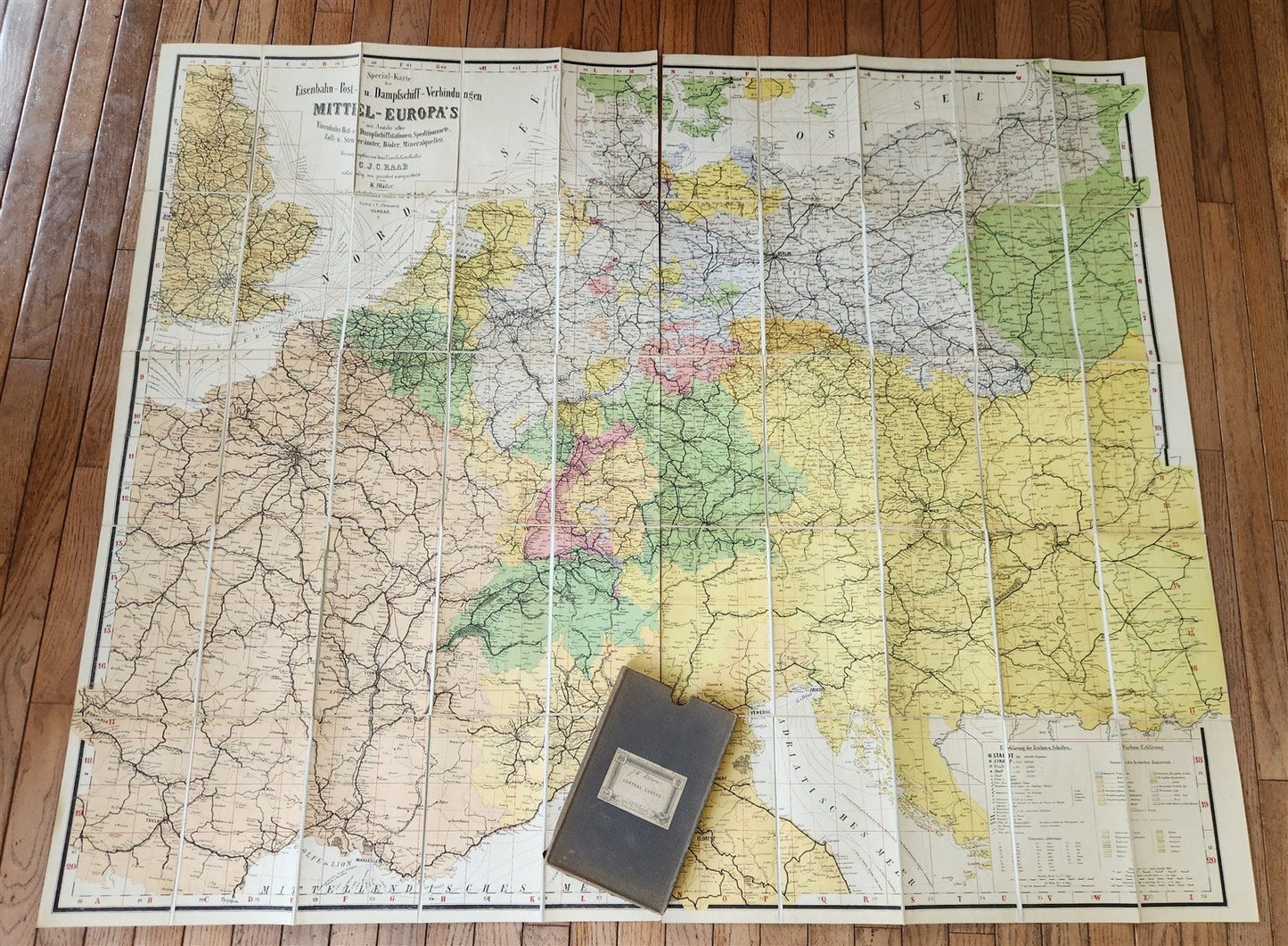 1870s LARGE MAP of EUROPE on LINEN w/ ORIGINAL HOLDER antique